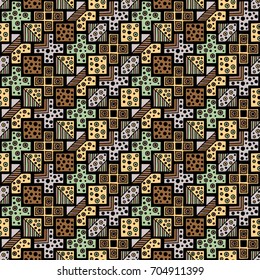 Seamless vector pattern. Geometrical background with hand drawn decorative tribal elements in vintage brown dark colors. Print with ethnic, folk, traditional motifs. Graphic vector illustration.
