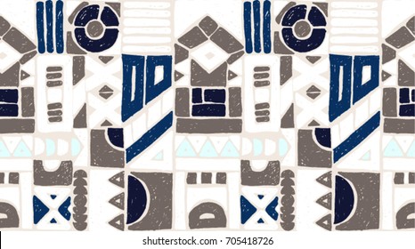 Seamless vector pattern. Geometrical background with hand drawn decorative tribal elements in vintage brown colors. Print with ethnic, folk, traditional motifs. Graphic vector illustration.