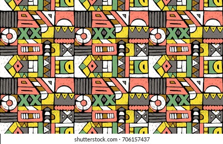 Seamless vector pattern. Geometrical background with hand drawn decorative tribal elements in vintage brown colors. Print with ethnic, folk, traditional motifs. Graphic vector illustration.