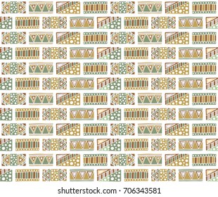 Seamless vector pattern. Geometrical background with hand drawn decorative tribal elements in vintage brown pastel colors. Print with ethnic, folk, traditional motifs. Graphic vector illustration.