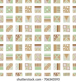 Seamless vector pattern. Geometrical background with hand drawn decorative tribal elements in vintage brown pastel colors. Print with ethnic, folk, traditional motifs. Graphic vector illustration.