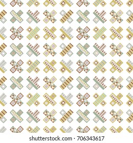 Seamless vector pattern. Geometrical background with hand drawn decorative tribal elements in vintage brown pastel colors. Print with ethnic, folk, traditional motifs. Graphic vector illustration.
