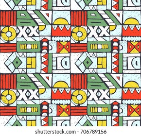 Seamless vector pattern. Geometrical background with hand drawn decorative tribal elements in vintage brown colors. Print with ethnic, folk, traditional motifs. Graphic vector illustration.