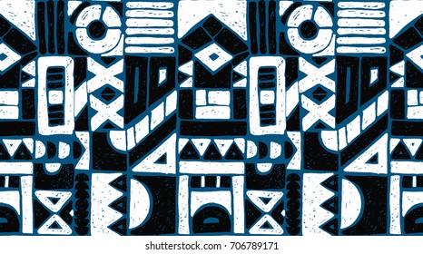 Seamless vector pattern. Geometrical background with hand drawn decorative tribal elements in vintage brown colors. Print with ethnic, folk, traditional motifs. Graphic vector illustration.