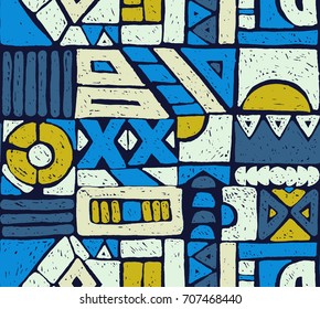 Seamless vector pattern. Geometrical background with hand drawn decorative tribal elements in vintage brown colors. Print with ethnic, folk, traditional motifs. Graphic vector illustration.