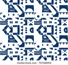 Seamless vector pattern. Geometrical background with hand drawn decorative tribal elements in vintage brown colors. Print with ethnic, folk, traditional motifs. Graphic vector illustration.