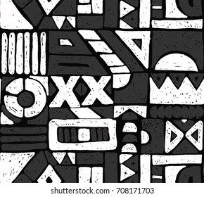 Seamless vector pattern. Geometrical background with hand drawn decorative tribal elements in vintage brown colors. Print with ethnic, folk, traditional motifs. Graphic vector illustration.