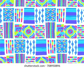 Seamless vector pattern. Geometrical background with hand drawn decorative tribal elements in vintage brown colors. Print with ethnic, folk, traditional motifs. Graphic vector illustration.