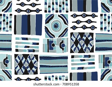 Seamless vector pattern. Geometrical background with hand drawn decorative tribal elements in vintage brown colors. Print with ethnic, folk, traditional motifs. Graphic vector illustration.