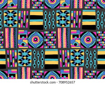 Seamless vector pattern. Geometrical background with hand drawn decorative tribal elements in vintage brown colors. Print with ethnic, folk, traditional motifs. Graphic vector illustration.