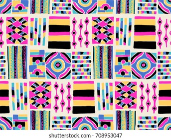 Seamless vector pattern. Geometrical background with hand drawn decorative tribal elements in vintage brown colors. Print with ethnic, folk, traditional motifs. Graphic vector illustration.