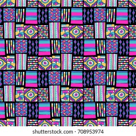 Seamless vector pattern. Geometrical background with hand drawn decorative tribal elements in vintage brown colors. Print with ethnic, folk, traditional motifs. Graphic vector illustration.