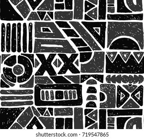 Seamless vector pattern. Geometrical background with hand drawn decorative tribal elements in vintage brown colors. Print with ethnic, folk, traditional motifs. Graphic vector illustration.