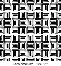 Seamless vector pattern. Geometrical background with hand drawn decorative tribal elements in black and white colors. Print with ethnic, folk, traditional motifs. Graphic vector illustration.