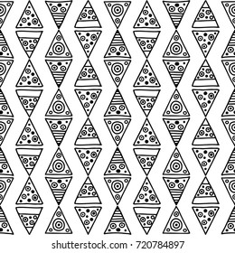 Seamless vector pattern. Geometrical background with hand drawn decorative tribal elements in black and white colors. Print with ethnic, folk, traditional motifs. Graphic vector illustration.