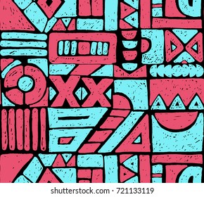 Seamless vector pattern. Geometrical background with hand drawn decorative tribal elements in vintage brown colors. Print with ethnic, folk, traditional motifs. Graphic vector illustration.