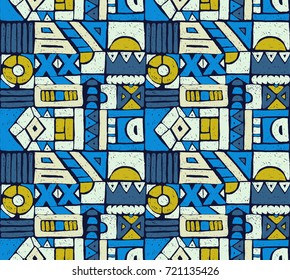 Seamless vector pattern. Geometrical background with hand drawn decorative tribal elements in vintage brown colors. Print with ethnic, folk, traditional motifs. Graphic vector illustration.