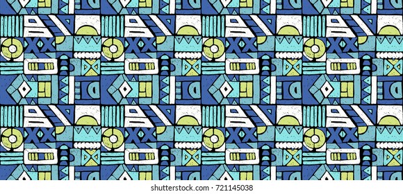 Seamless vector pattern. Geometrical background with hand drawn decorative tribal elements in vintage brown colors. Print with ethnic, folk, traditional motifs. Graphic vector illustration.