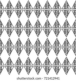 Seamless vector pattern. Geometrical background with hand drawn decorative tribal elements in black and white colors. Print with ethnic, folk, traditional motifs. Graphic vector illustration.