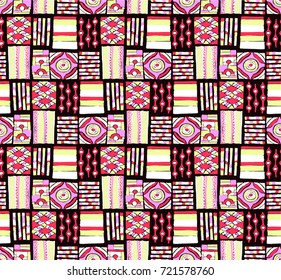 Seamless vector pattern. Geometrical background with hand drawn decorative tribal elements in vintage brown colors. Print with ethnic, folk, traditional motifs. Graphic vector illustration.