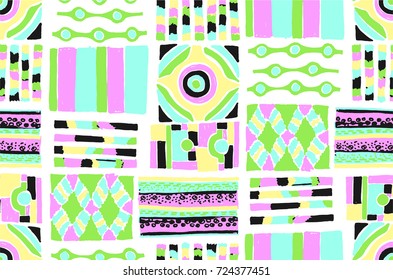 Seamless vector pattern. Geometrical background with hand drawn decorative tribal elements in vintage brown colors. Print with ethnic, folk, traditional motifs. Graphic vector illustration.