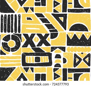 Seamless vector pattern. Geometrical background with hand drawn decorative tribal elements in vintage brown colors. Print with ethnic, folk, traditional motifs. Graphic vector illustration.