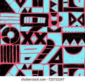 Seamless vector pattern. Geometrical background with hand drawn decorative tribal elements in vintage brown colors. Print with ethnic, folk, traditional motifs. Graphic vector illustration.