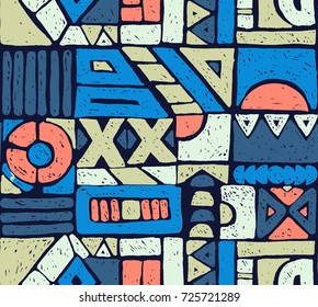 Seamless vector pattern. Geometrical background with hand drawn decorative tribal elements in vintage brown colors. Print with ethnic, folk, traditional motifs. Graphic vector illustration.