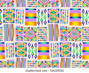 Seamless vector pattern. Geometrical background with hand drawn decorative tribal elements in vintage brown colors. Print with ethnic, folk, traditional motifs. Graphic vector illustration.