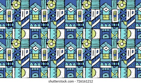 Seamless vector pattern. Geometrical background with hand drawn decorative tribal elements in vintage brown colors. Print with ethnic, folk, traditional motifs. Graphic vector illustration.