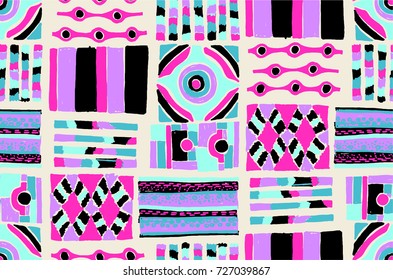 Seamless vector pattern. Geometrical background with hand drawn decorative tribal elements in vintage brown colors. Print with ethnic, folk, traditional motifs. Graphic vector illustration.