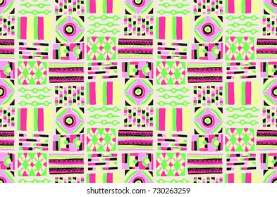 Seamless vector pattern. Geometrical background with hand drawn decorative tribal elements in vintage brown colors. Print with ethnic, folk, traditional motifs. Graphic vector illustration.