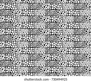 Seamless vector pattern. Geometrical background with hand drawn decorative tribal elements in black and white colors. Print with ethnic, folk, traditional motifs. Graphic vector illustration.