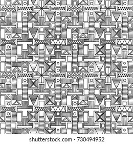 Seamless vector pattern. Geometrical background with hand drawn decorative tribal elements in black and white colors. Print with ethnic, folk, traditional motifs. Graphic vector illustration.
