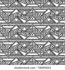 Seamless vector pattern. Geometrical background with hand drawn decorative tribal elements in black and white colors. Print with ethnic, folk, traditional motifs. Graphic vector illustration.