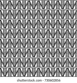 Seamless vector pattern. Geometrical background with hand drawn decorative tribal elements in black and white colors. Print with ethnic, folk, traditional motifs. Graphic vector illustration.