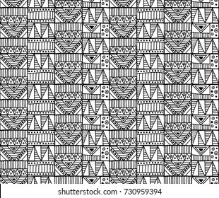 Seamless vector pattern. Geometrical background with hand drawn decorative tribal elements in black and white colors. Print with ethnic, folk, traditional motifs. Graphic vector illustration.