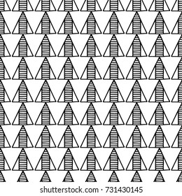 Seamless vector pattern. Geometrical background with hand drawn decorative tribal elements in black and white colors. Print with ethnic, folk, traditional motifs. Graphic vector illustration.