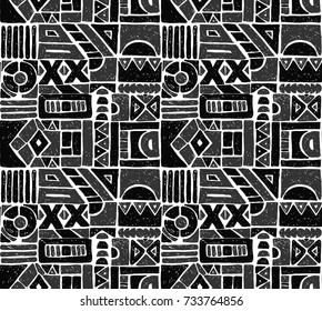 Seamless vector pattern. Geometrical background with hand drawn decorative tribal elements in vintage brown colors. Print with ethnic, folk, traditional motifs. Graphic vector illustration.