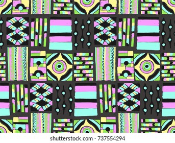 Seamless vector pattern. Geometrical background with hand drawn decorative tribal elements in vintage brown colors. Print with ethnic, folk, traditional motifs. Graphic vector illustration.