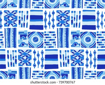Seamless vector pattern. Geometrical background with hand drawn decorative tribal elements in vintage brown colors. Print with ethnic, folk, traditional motifs. Graphic vector illustration.