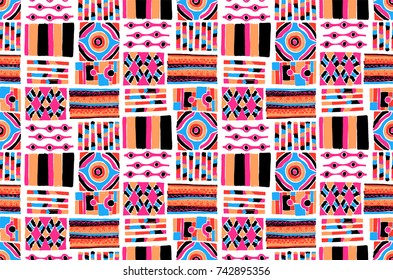 Seamless vector pattern. Geometrical background with hand drawn decorative tribal elements in vintage brown colors. Print with ethnic, folk, traditional motifs. Graphic vector illustration.