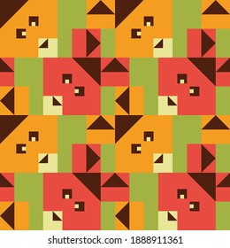 Seamless vector pattern with geometrical bunnies on green background. Simple square animal wallpaper design. Decorative fashion textile for children.