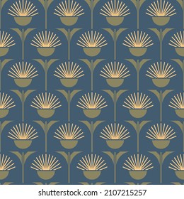 Seamless vector pattern with geometrical dandelions on blue background. Simple modern floral wallpaper design. Decorative fluffy flower fashion textile.