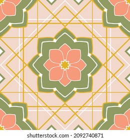 Seamless vector pattern with geometrical floral wall tile on pink background. Simple home decor wallpaper design. Decorative square fashion textile.