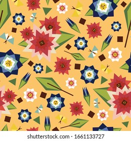 Seamless vector pattern with geometrical flowers on light yellow background. Abstract vintage floral wallpaper design.