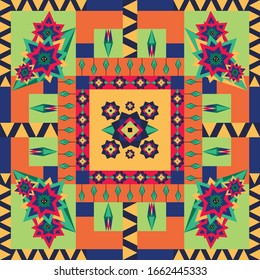 Seamless vector pattern with geometrical flowers on quilt square Floral repeat fabric swatch with colourful flowers. 