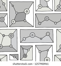 Seamless vector pattern. geometrical hand drawn background with rectangles, squares, triangles, dots. Print for wallpaper, packaging, wrapping, fabric. Line drawing, graphic design