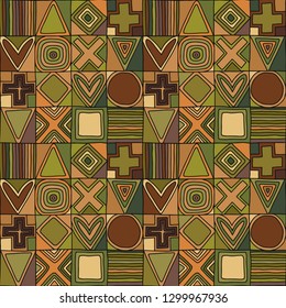 Seamless vector pattern.  geometrical hand drawn background with figures, squares, hearts, triangle, cross, dots, lines. Print for background, wallpaper, packaging, wrapping, fabric.