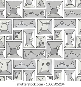 Seamless vector pattern. geometrical hand drawn  background with rectangles, squares, triangles, dots. Print for wallpaper, packaging, wrapping, fabric. Line drawing, graphic design